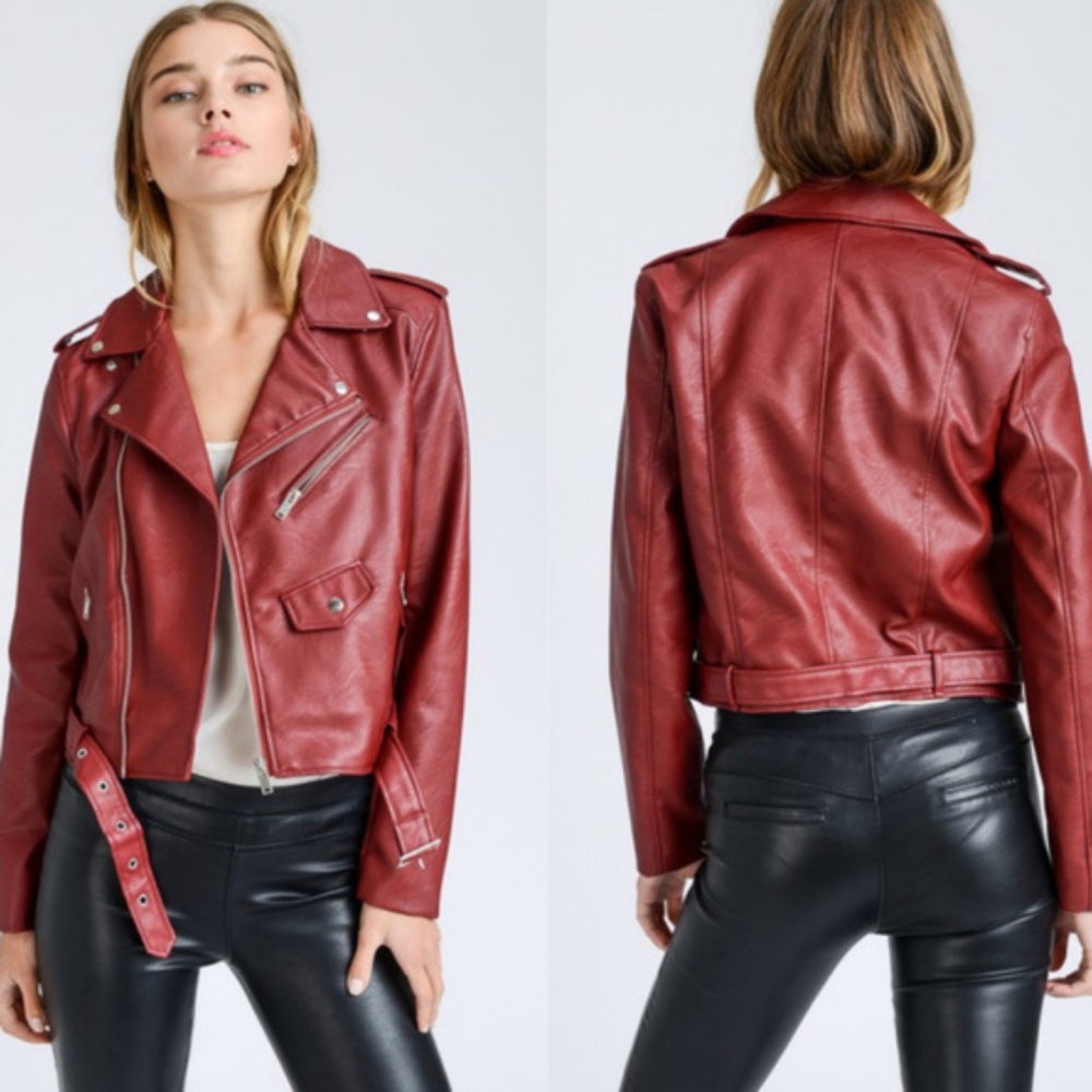 vegan leather WINE biker jacket moto motorcycle - Picture 2 of 3